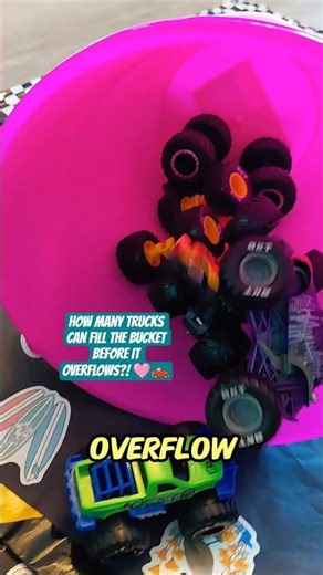 How many trucks can fill the bucket before it OVERFLOWS?! 🩷🛻