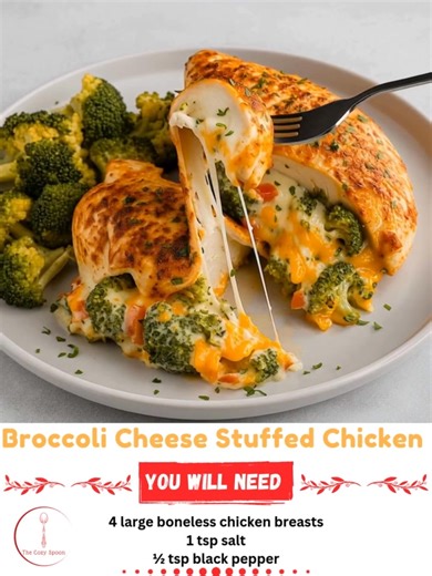 🥦🍗 Broccoli Cheese Stuffed Chicken 🧀✨ Juicy chicken breasts stuffed with creamy broccoli cheese filling - comfort food elegance at its finest! Ingredients: 4 large boneless chicken breasts 1 tsp salt ½ tsp black pepper 1 tsp garlic powder 1 tsp paprika 1 cup broccoli florets, finely chopped 1 cup shredded cheddar cheese ½ cup cream cheese, softened 1 tbsp olive oil Instructions: Get the chicken ready: Preheat your oven to 375°F and lightly grease a baking dish. Carefully cut a pocket into the
