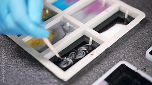 Black and silver epoxy resin mixing for creating natural sample for furniture decoration or accessories production, craftsman painting lines with wooden stick, exclusive sample design