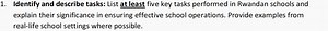 Identify and describe tasks: List at least five key tasks perfo... | Filo