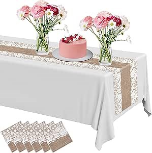 Newwiee 6 Pack Plastic Table Runner 14 x 108 Inch Natural Burlap Printed Disposable Runners Table Decoration for Home Farmhouse Kitchen Wedding Holiday Party (Elegant)