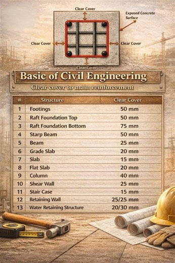 Clear Cover of Main Reinforcement The clear cover is the distance between the outer surface of the concrete and the nearest reinforcement bar. Purpose: 1. *Protection from corrosion*: Concrete cover protects reinforcement from environmental factors like moisture, oxygen, and chlorides. 2. *Fire resistance*: Cover helps protect reinforcement from high temperatures during fires. 3. *Bonding*: Adequate cover ensures proper bonding between concrete and reinforcement. 4. *Prevents spalling*: Cover re