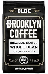 BROOKLYN COFFEE Whole Bean, Brazilian Santos Medium Roast (5lb) American, Breakfast, Classic - Fresh Bulk Coffee Beans Roasted Weekly in NYC