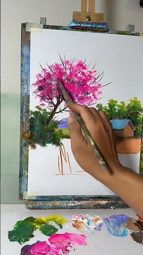 Step by Step Acrylic Painting Cherry Blossom Tree by the Stream | Easy for Beginners 🌸🎨 #shorts