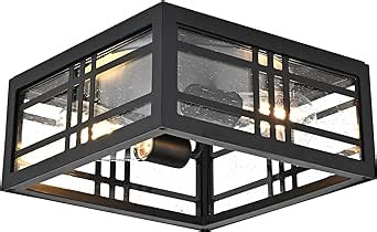 Square Ceiling Light Fixture Flush Mount Ceiling Light Black 2-Light with Seeded Glass, Industrial Ceiling Light Fixture for Kitchen Hallway Porch