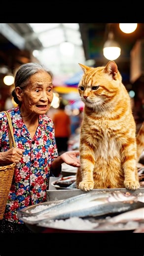 Cat arguing with old lady at fish market