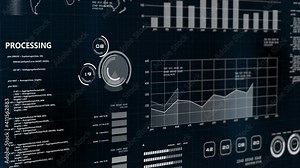 Futuristic 3D stock exchange finance graph chart computer screen AI technology HUD interface, NFT blockchain crypto currency business financial investment symbol data analytic.