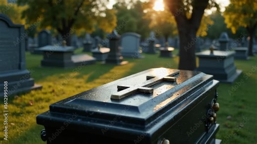 Funeral casket in cemetery setting, symbolizing end of life and remembrance. Funeral service shown with closed casket, marking a final farewell amidst the gravestones and trees.