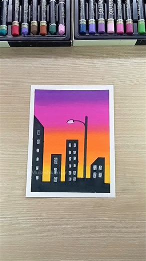 ✨Easy cityscape painting l sunset landscape with oil pastel art #shorts #art #cityscape #ytshorts