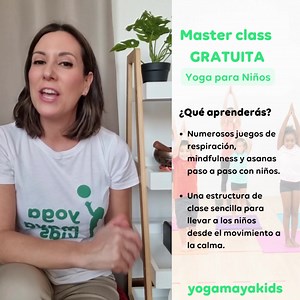 "¿Te interesa el yoga infantil? ¿Te gustaría dar clases de yoga para niños pero no sabes muy bien por dónde empezar?🤷🏻‍♀️ ¡Hola! Soy María Nicolás y te he preparado una masterclass gratuita en la que aprenderás todo lo que necesitas para dar tu primera clase de yoga y mindfulness para niños. Vas a descubrir la estructura de una clase de yoga, los juegos que tienes que utilizar en cada momento y la forma de comunicarte mejor con los más pequeños para que se lo pasen genial mientras aprenden est