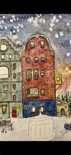 Es ist jetzt doch garnichtmehr so lange bis Weihnachten und ich muss mich ein bisschen ranhalten, damit das Bild bis dahin wirklich gefüllt ist. #wimmelbild #illustration #aquarell #häuserreihe #kunst