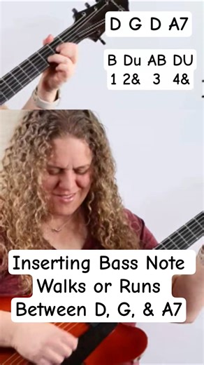 Inserting Bass Note Walks or Runs Between Strumming D, G, & A7 #beginnerguitarlessons