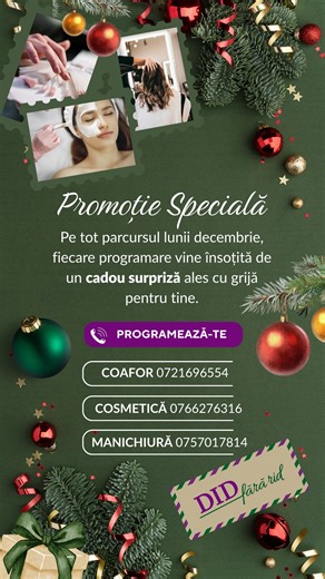 ✨ Promoție Specială de Sărbători! ✨ În luna decembrie, fiecare programare vine cu un cadou surpriză pregătit cu grijă pentru tine. 💝 Programează-te aici: 📞 Coafor: 0721 696 554 💆‍♀️ Cosmetică: 0766 276 316 💅 Manichiură: 0757 017 814 Răsfață-te înainte de Crăciun și intră în atmosfera magică a sărbătorilor! 🎄✨ #DidFaraRid #PromotieDecembrie #CadouSurpriza #SalonTimisoara #Frumusete #Cosmetica #Coafor #Manichiura #GlowDeSarbatori #beautytimisoara | DID fara RID