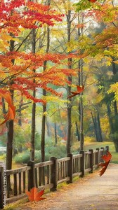 Golden Autumn Forest with Falling Leaves. Autumn Leaves Falling on a Tranquil Forest Path. Winding Forest Path with Falling Autumn Leaves. seamless looping, loop