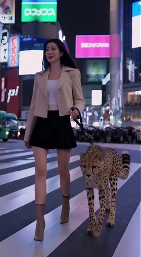 Korean Model Walking a Cheetah Through Busy City Streets 🐆✨ | Fashion Meets Wild Power