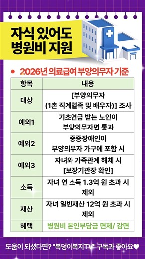 "자식 때문에 병원비 혜택 못 받나요?" 2026년 의료급여 부양의무자 제외 기준 필독