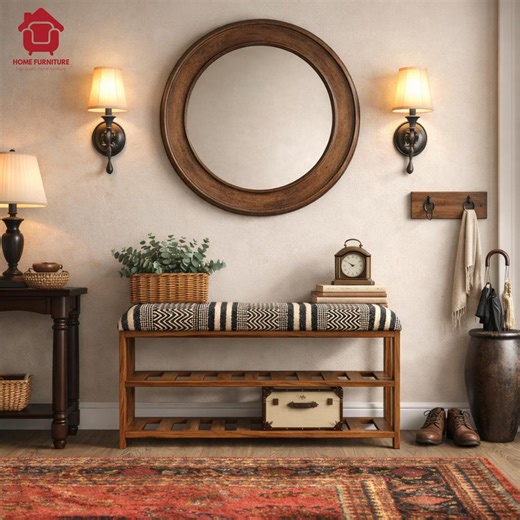 Solid Acacia Wood Shoe Bench, Cotton Upholstered Storage Bench - Etsy