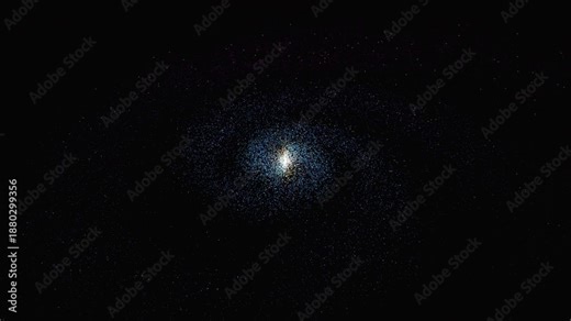 Seamless loop of a rotating spiral galaxy with billions of stars and dust lanes. Procedural 3D simulation of galactic structure using differential rotation and logarithmic math.