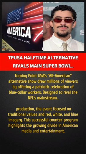 TPUSA HALFTIME ALTERNATIVE RIVALS MAIN SUPER BOWL.. Turning Point USA’s "All-American" alternative show drew millions of viewers by offering a patriotic celebration of blue-collar workers. Designed to rival the NFL’s mainstream production, the event focused on traditional values and red, white, and blue imagery. This successful counter-program highlights the growing divide in American media and entertainment. | Ummaid Cricket News