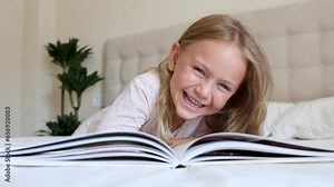 Emotional excited child read interesting funny comedy. comics short stories for kids. Small kid enjoy reading book cheerful laugh. Imaginary world Fairy tale story. Bedtime toddler read. Kids emotions