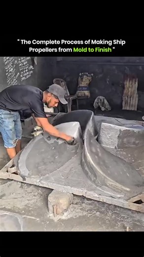 The knowledge is here on Instagram: "Ship propellers are built through a complex industrial process. Engineers start with computer models to design the blade shape for efficiency. A full-size wooden or wax pattern is made and packed in sand to form a mold. Molten bronze or nickel aluminum bronze is poured into the mold at temperatures above 1100°C. After cooling, the hardened casting is removed and rough surfaces are cleaned. Skilled workers machine, grind, and polish each blade to the correct p