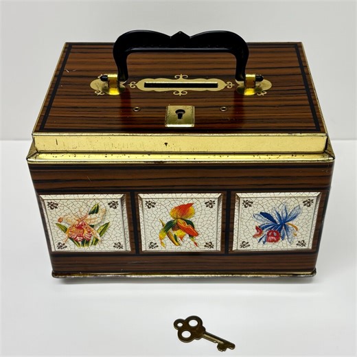 Vintage candy box with key, retro treasure chest, floral decorated metal box, antique piggy bank, storage gift box