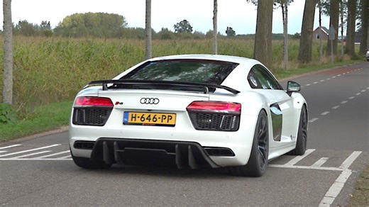 Audi R8 V10 Plus roars down country road