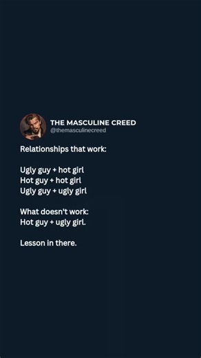 Masculinity | Dating | Legacy on Instagram: "Attraction isn’t symmetrical, leverage is. When a man dates up, he overdelivers: effort, stability, direction. When looks and leverage are balanced, respect stays intact. But when attraction runs only one way, resentment quietly builds. Relationships don’t fail because of beauty. They fail because of imbalance — in desire, effort, and power. The lesson isn’t about looks. It’s about who’s investing more and who has options. Choose dynamics that create 
