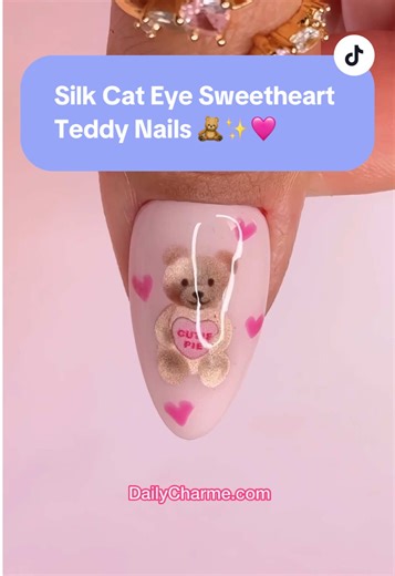 The easiest Silk Cat Eye Sweetheart Teddy Nails 🧸✨🩷 Soft pinks the cutest teddy bear detail = instant Valentine’s perfection 😍 💅 Everything used for this look is from the brand Daily Charme & is listed below. All goodies are available now in our TikTok shop or via the 🔗 in bi0 💖 Save & share for Valentine's Day nail inspo! 💌 Using @daily_charme: 💗 305 Sweet Dreams 🧸 C96 Enchantail 🩷 301 Dollhouse 🍬 Valentine 3D Emboassed Nail Art Sticker / Sweet Talk 🎀 Pink Nail Art Tweezer 🧲 Cat Ey