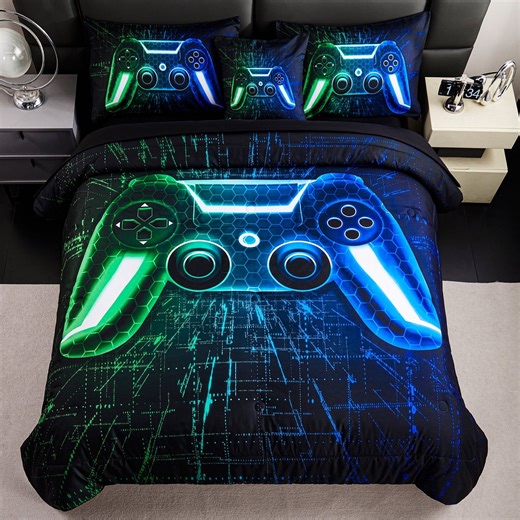 URBONUR 6 Pieces Full Size Bed in a Bag for Kids Teens Boys Game Console Bedding Set Blue Green Gaming Boy Comforter with Sheet Set Gamepad Black Bed Set(Blue Green Full)