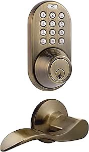 MiLocks TFL-02AQ Digital Deadbolt Door Lock and Passage Lever Handle Combo with Keyless Entry via Keypad Code for Exterior Doors, Antique Brass