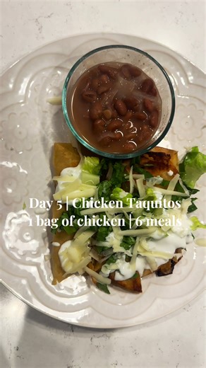 Chicken taquitos | Day 5 of making 6 completely different meals from one bag of chicken. Homemade taquitos using corn tortillas from the pantry. Greek yogurt thinned out as crema. Canned pinto beans simmered with spices and onion. Shredded mozzarella. Everything already on hand. Nothing bought. Nothing wasted. One meal left. Come back tomorrow for the series finale. #chickentaquitos #budgetmeals #mealplanning #familymeals #casadescott​​​​​​​​​​​​​​​​