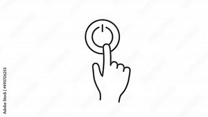 Pressing power button line animation. Pc activation animated icon. Moving hand. Interface element. Black illustration on white background. HD video with alpha channel. Motion graphic