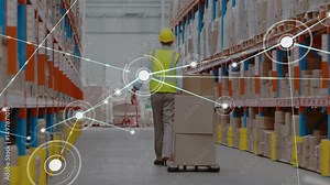 Warehouse worker pushing pallet through aisle, initiating network overlay mapping shelves, boxes