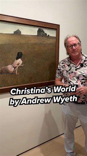 This is “Christina’s World” and it’s one of Andrew Wyeth’s most famous pieces. It was done in 1948 and bought by the Museum of Modern Art in 1949. What I really like about this piece, is that it resonates with me because my father had polio and he had to deal with it his whole life. Christina had a degenerative muscular condition and she refused to use a wheelchair so she would drag herself to and from different places. You can feel this longing that she has looking over here at the Olson house.