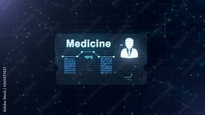 Abstract medical card with head shot and sign of heart rate, pressure and some other diagrams. Zooming and turning. Abstract blue background, full of light asterium. 4K.