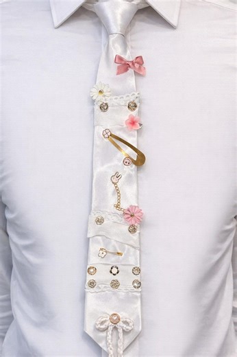 White Satin Tie, Coquette Tie, Lace Pearl Tie, Floral Embellished Necktie, Handmade Statement Tie, Gold Charm Tie, Feminine Vintage Accessor - Etsy