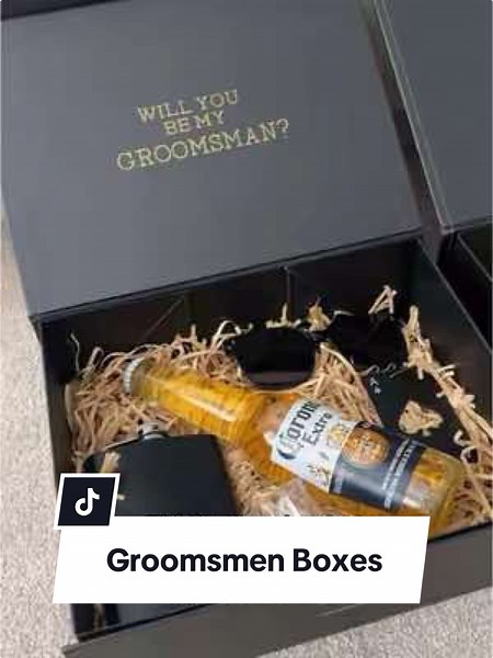 Here are Ryan’s Groomsmen boxes (which I can finally post now he’s asked them!!)🍺 #groomsmen #groom #trending #fyp #weddingtok #bridetobe #engaged #couple #wedding #weddingplanning