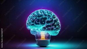 4K looping video of Brain on surface a glowing neon light bulb, symbolizing advanced AI, chatbot technology, machine learning, big data, cloud computing, computer networks, and futuristic innovation