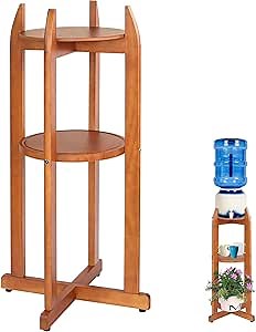 Natural Solid Wood Water Dispenser Stand (32.8"Hight-11.2"Wide) Ceramic Water Dispenser Floor Stand, 5 Gallon Water Jug Stand with 2 Round Shelfs Included for 1-5 Gallon Water Bottles/Crocks/Water Jug