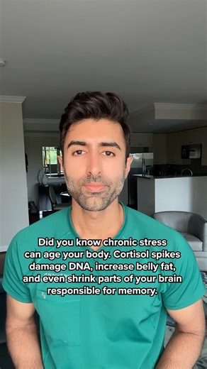 Kunal Sood, MD on Instagram: "How Chronic Stress Accelerates Aging Long-term cortisol elevation drives biological changes that age the body from the inside out. 🧬 DNA damage and faster cellular aging Chronic stress raises oxidative stress, which damages DNA and overwhelms repair pathways. Research links persistent cortisol exposure to telomere shortening, cellular senescence, and significantly higher DNA damage in stressed individuals. PMID: 30557761, 35661679 🧂 Cortisol and belly fat accumula