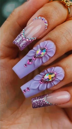 Glam Purple 3D Floral & Rhinestone Nail Art Ideas 💜✨
