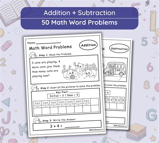 Math Word Problems Addition Subtraction Worksheets Kindergarten 1st Grade, Printable Homeschool Math Practice for Kids PDF - Etsy