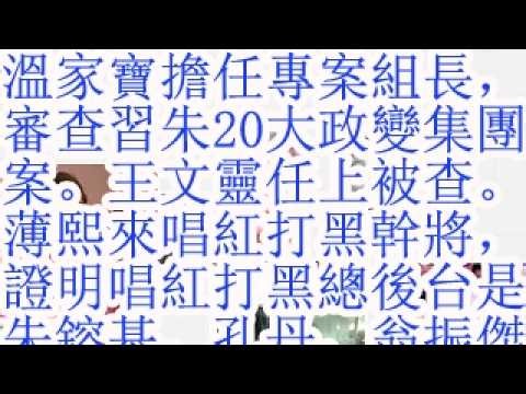 温家宝担任专案组长，审查习朱20大政变集团案。王文灵任上被查。薄熙来唱红打黑干将，证明唱红打黑总后台就是朱镕基。孔丹，翁振杰的马仔。