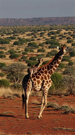 Adorable Baby Giraffe Resting on Mom