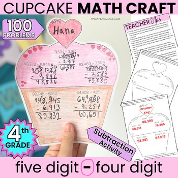 4th Grade Cupcake Valentine's Day Math Craft 5 Digit Minus 4 Digit Subtraction