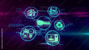 IOT - internet of things hologram with devices symbols on digital background. House, energy, stove, key and audio video devices connected in network - concept 3D animation.