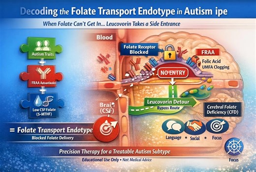 💥 Leucovorin in Autism: Unlocking the Brain’s Folate Pathway for Language Breakthroughs 🧠 The “Back-Door” Folate Strategy for a Locked Brain Transport System 🛡️ Root-Cause Medicine • Mechanism-First • Endotype Targeting ⸻ 🧭 The Core Question 🌀If folate is brain fuel… what happens when the transport door is blocked? Can leucovorin use a different entrance — and restore language, attention, and social engagement? ⸻ 🧬 PART I — THE BIOLOGY (Layperson Clinician Bridge) 🟦 1️⃣ What Folate Actual