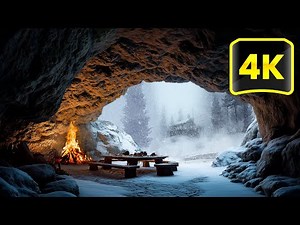 Stone Cave Fireplace with Snowstorm Sounds | Warmth Flames Sounds | Crackling Fire Sounds for Relax