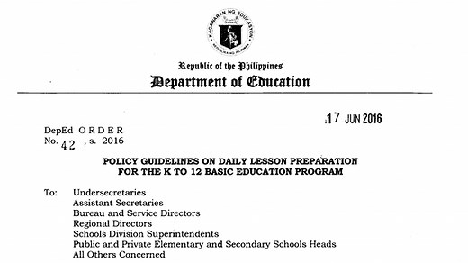 DepEd Order No. 42, s. 2016 : Policy Guidelines on Daily Lesson Preparation for the K to 12 Basic Education Program